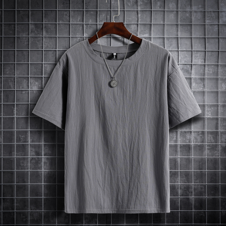 Summer Casual Linen Short-Sleeved Shirt for Men, Collarless Cotton-Linen Shirt, Breathable Thin Loose T-Shirt Half-Sleeved Top