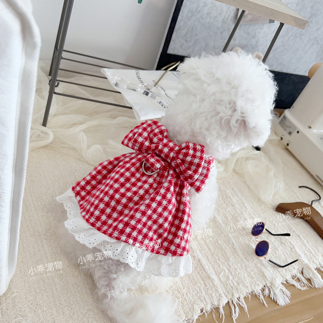 ສີແດງ plaid ໃຫຍ່ bow pet skirt Teddy Yorkshire Bichon ດູໃບໄມ້ລົ່ນຫມາຂະຫນາດນ້ອຍແລະລະດູຫນາວງາມ