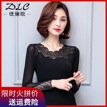 Lace base shirt female spring and autumn Black low collar with long sleeve thin T-shirt