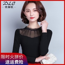 Modal top half collar mesh T-shirt lace base shirt female spring and autumn Joker thin black foreign color shirt
