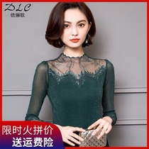 2021 New High neck lace base shirt womens autumn and winter thin interior small shirt glossy silk mesh foreign style Joker top