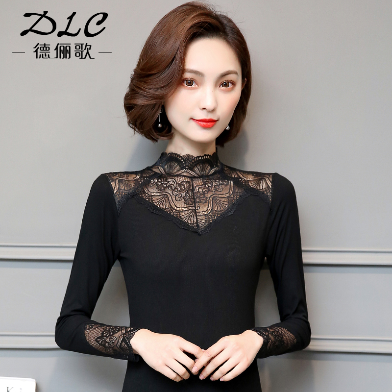 秋冬加绒高领蕾丝打底衫女长袖洋气内搭小衫显瘦薄款上衣性感T恤