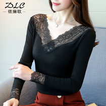 Black Modal top V collar with foreign lace base shirt female spring and autumn long sleeve Joker thin T-shirt