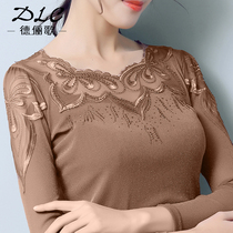 Lace base shirt womens long sleeve autumn and winter Joker top low collar hollow mesh T-shirt thin Foreign color