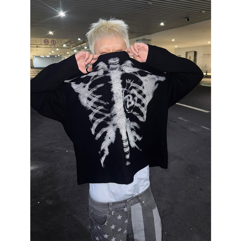 American Retro Gothic Style Skull Print Waffle Long-Sleeve T-Shirt for Men and Women, Loose Trendy Base Shirt for Autumn