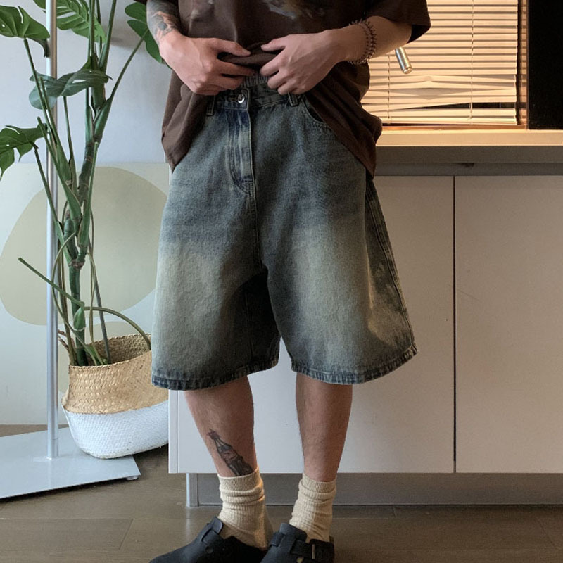 American Retro Washed Loose Denim Shorts for Men, Street Style Trendy Brand, Cool and Casual, Versatile Straight Wide-Leg Knee-Length Shorts