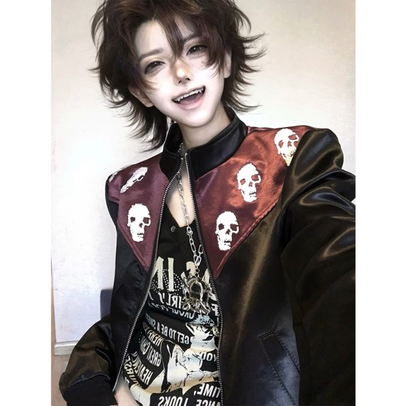 American Street Subculture Skull Embroidered Jacket for Men, Autumn Punk Style Trendy Brand Versatile Stand Collar Short Coat