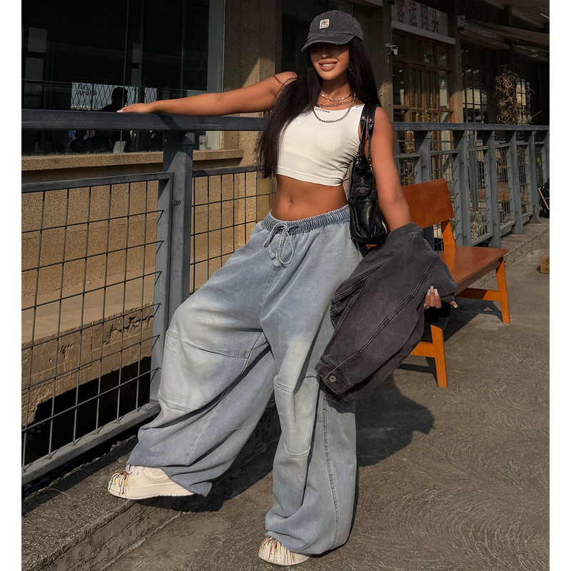 American Street Style Vintage Washed Distressed Jeans for Men and Women, Trendy Brand, Loose Fit, Pleated, Elastic Waist, Drapey Wide-Leg Pants American Street Style Vintage Washed Distressed Jeans for Men and Women, Trendy Brand, Loose Fit, Pleated, Elastic Waist, Drapey Wide-Leg Pants