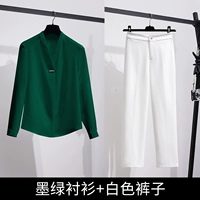 Чернильная зеленая рубашка+белые брюки