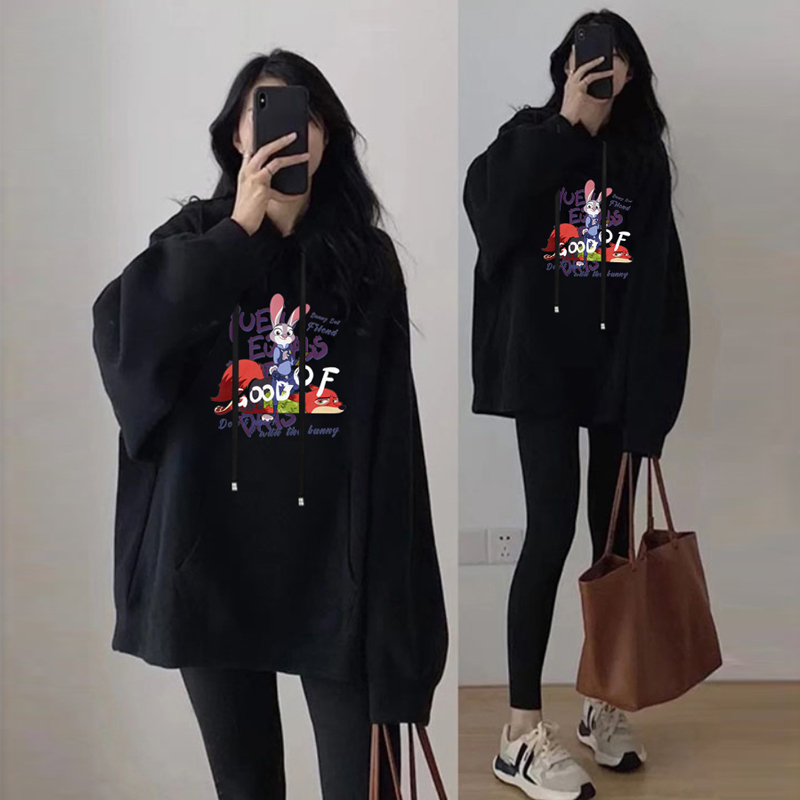 Black Hooded Sweatshirt for Women, Plus Size, Loose Fit, Mid-Length, 2026 Popular Style, Fashionable and Stylish, Couple's Spring Jacket