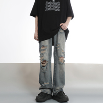 Black ASHDARK high street hiphop distressed heavy industry ripped jeans mens loose slimming straight pants ins