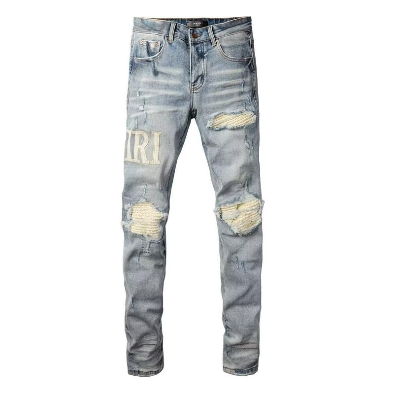 American Style New Washed Light Blue Jeans for Men, Spring and Autumn, Ripped Patchwork Embroidery, Slim Fit, Skinny, Cool Long Pants
