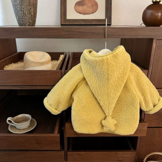 Girls' super good-looking Korean style winter coats for boys and girls, hooded polar fleece elf fur, cute and sweet tops