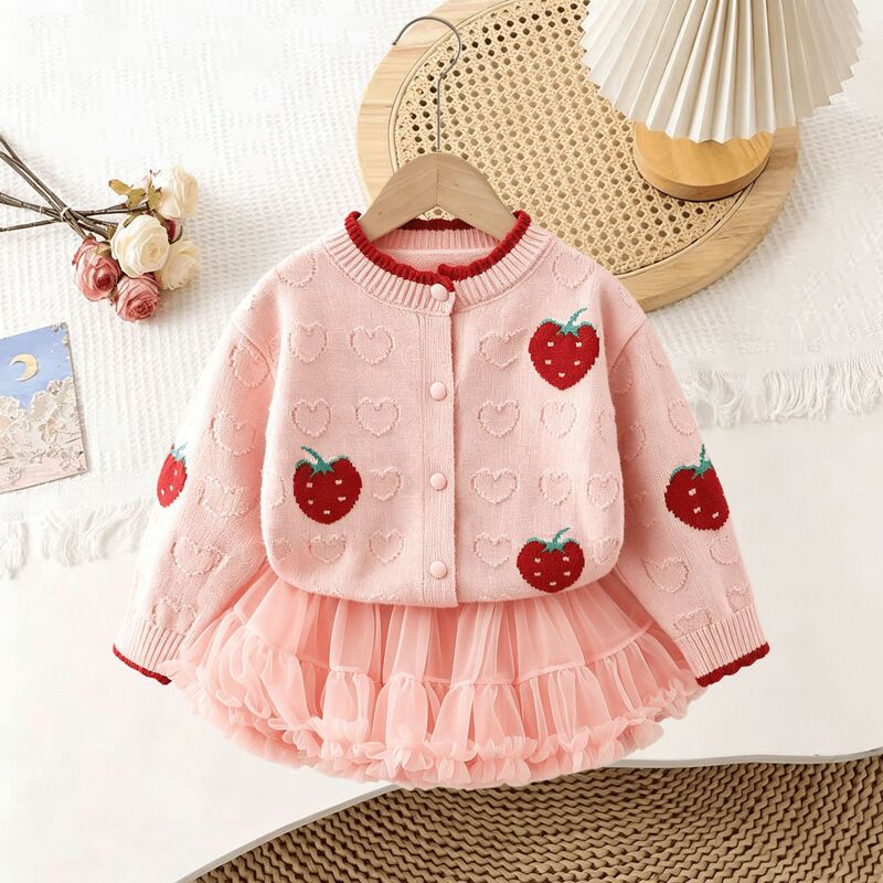 Girls' Sweater Set 2026 Autumn and Winter New Jacquard Big Strawberry Knitted Cardigan Tutu Skirt Two-Piece Set Girls' Sweater Set 2026 Autumn and Winter New Jacquard Big Strawberry Knitted Cardigan Tutu Skirt Two-Piece Set