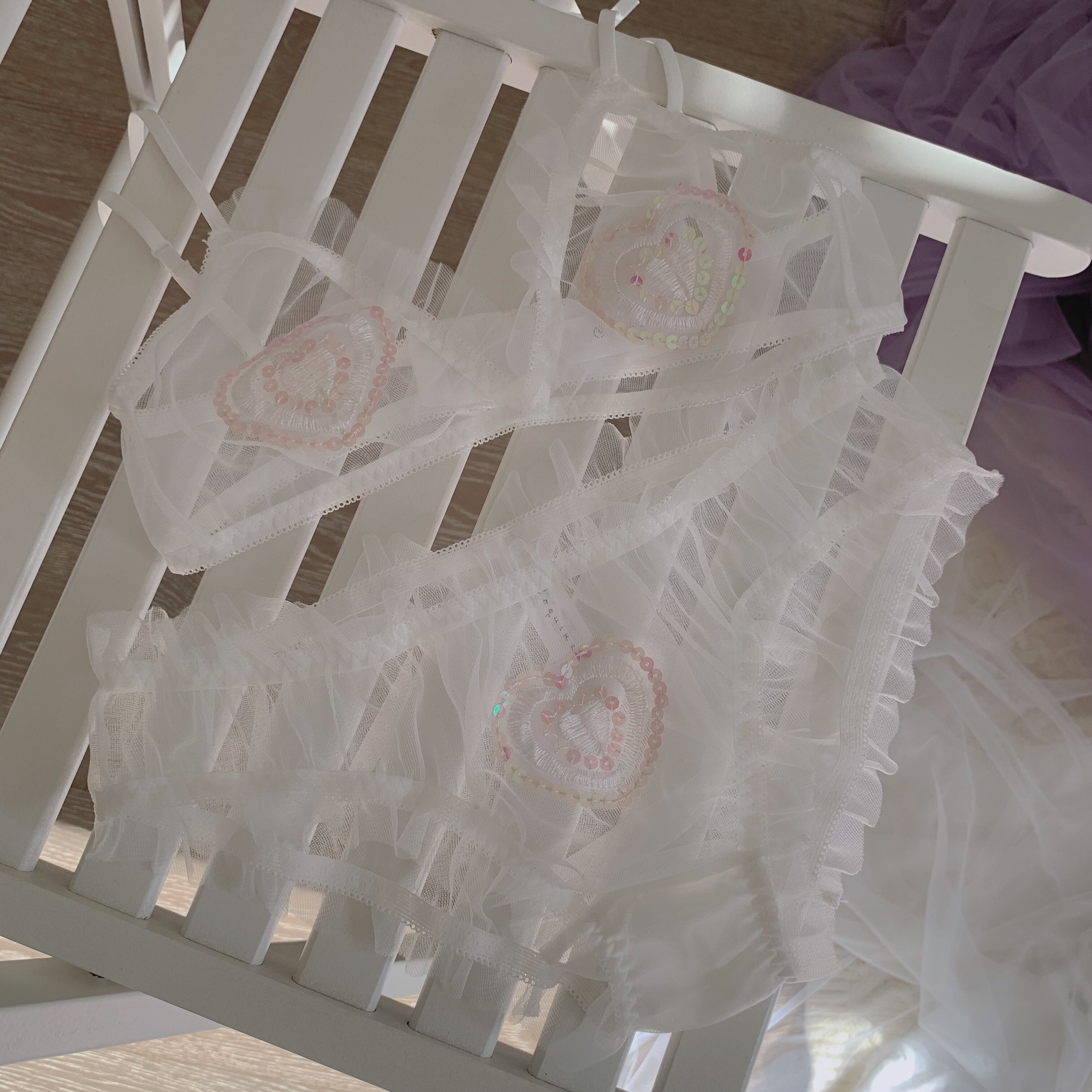 Sold out Coquine 100% handmade girly heart white mesh embroidered heart underwear set