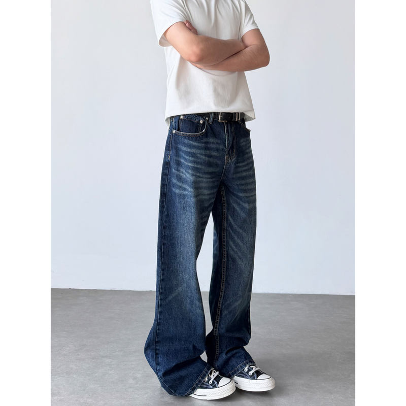 Rain Edm Retro Washed Whiskered Dark Blue Vintage Jeans Unisex Loose Straight Casual Pants Rain Edm Retro Washed Whiskered Dark Blue Vintage Jeans Unisex Loose Straight Casual Pants