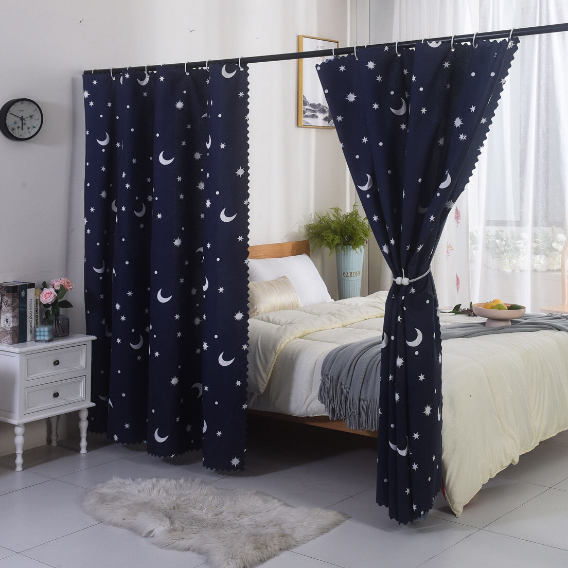 Blackout bed curtain heightened household double bed blocking cloth living room bedroom partition curtain half student dormitory ins