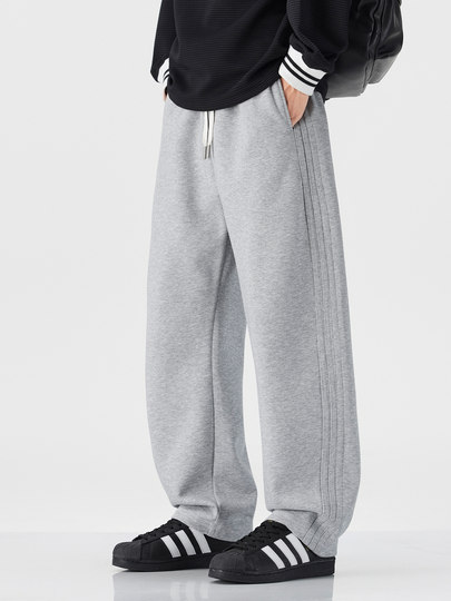 460G heavyweight straight-leg sweatpants men's winter American fashion brand plus velvet warm striped loose sports casual trousers