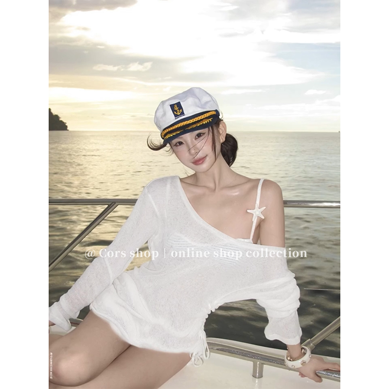 Sunan Zhi Same Style Beach Vacation Thin White Semi-Sheer Long-Sleeve T-Shirt for Women, Sun Protection Cover-Up to Match Bikini Swimsuit