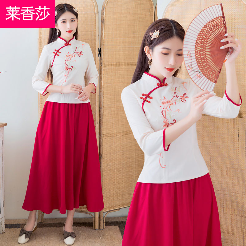 Trung Quốc Tang váy Folk Quốc Gió nữ ăn mặc Cải thiện Cheong-shirt hàng đầu Trung Quốc Fenghan phụ nữ váy cotton và cây gai dầu thêu quần áo trà hai mảnh bộ