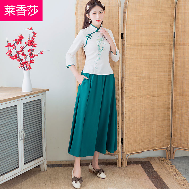 Trung Quốc Tang váy Folk Quốc Gió nữ ăn mặc Cải thiện Cheong-shirt hàng đầu Trung Quốc Fenghan phụ nữ váy cotton và cây gai dầu thêu quần áo trà hai mảnh bộ