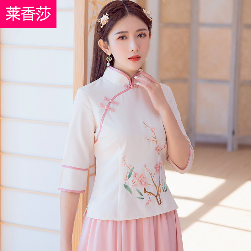 Han chiếc váy của phụ nữ mùa hè váy của người dân cải thiện cờ robe quốc gia Tang ngắn tay đầu voan váy hai mảnh phù hợp với tea-set bông