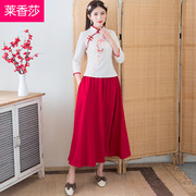 Trung Quốc Tang váy Folk Quốc Gió nữ ăn mặc Cải thiện Cheong-shirt hàng đầu Trung Quốc Fenghan phụ nữ váy cotton và cây gai dầu thêu quần áo trà hai mảnh bộ