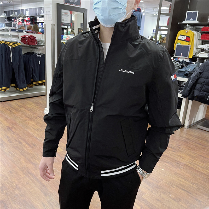 Tommy Hilfiger Men's New Autumn and Winter Casual Fashion Stand-Up Collar Hidden Hood Windproof and Waterproof Jacket