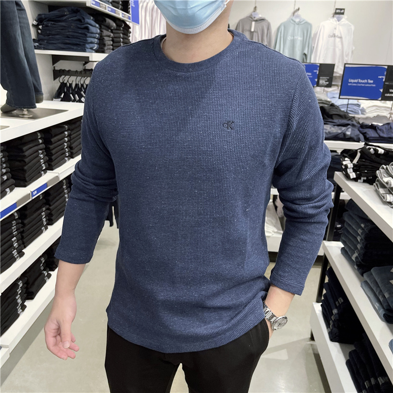 2025 Autumn/Winter New Calvin Klein/Ck Men's Versatile Solid Color Crew Neck Pullover Waffle Knit Sweatshirt