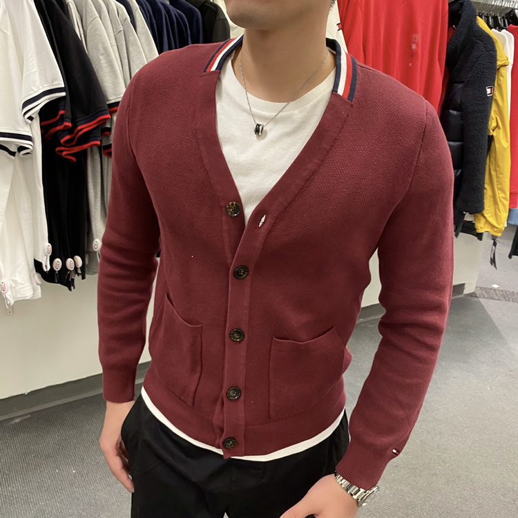 Tommy Hilfiger Men's New Autumn and Winter Versatile Business Casual V Neck Buttoned Knitted Cardigan Sweater