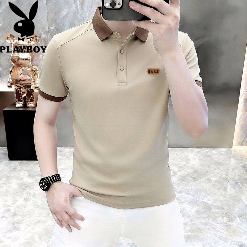 Playboy Men's Polo Shirt Lapel Short-Sleeved T-Shirt Summer New Business Casual Half-Sleeved Ice Silk Cotton T-Shirt