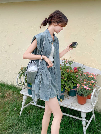 Blue Niche Design Denim Suit for Women, Summer 2025 New Korean Style Wrinkled Shirt Top and Shorts Two-Piece Set