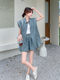 Blue Niche Design Denim Suit for Women, Summer 2025 New Korean Style Wrinkled Shirt Top and Shorts Two-Piece Set