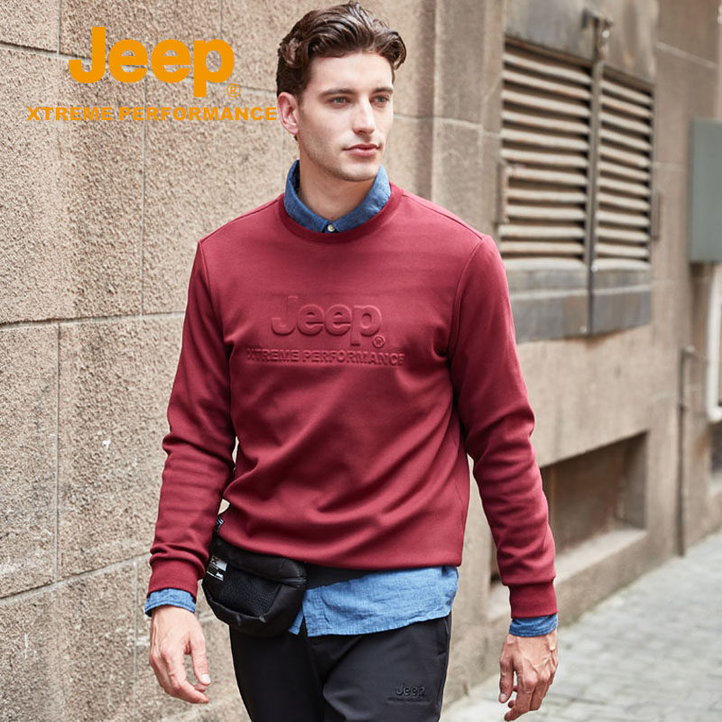 jeep long sleeve T-shirt male autumn winter windproof and warm grip suede jacket men's round collar pure cotton casual blouse large size for undershirt tide