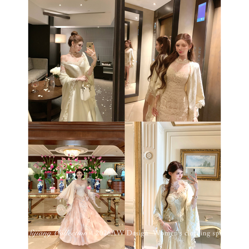 Sisi Jiang's Lace Cloud Shoulder Shawl, Pure and Alluring Style, Lace Trim with Embroidery, Elegant and High-End Feel, Large Shawl