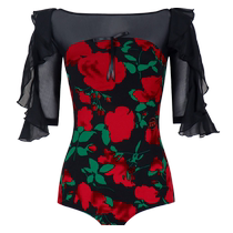 Danbaolo waltz dance top with lotus leaf sleeves elegant printed mid-sleeve ballroom dance costume practice modern dance top