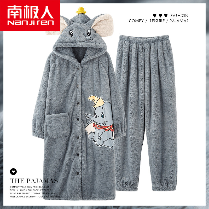 South Pole sleeping clothes autumn and winter women Coral Suede Thickened warm sweet and cute sleeping robe Long version of the student outwear a home dress
