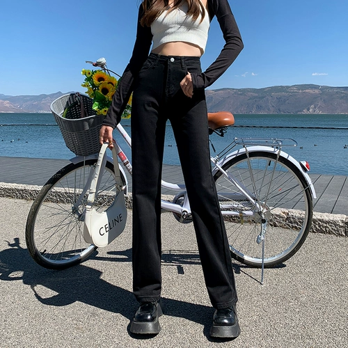 Флисовые демисезонные прямые свободные джинсы, штаны, леггинсы, высокая талия, 2024 года, по фигуре, свободный крой