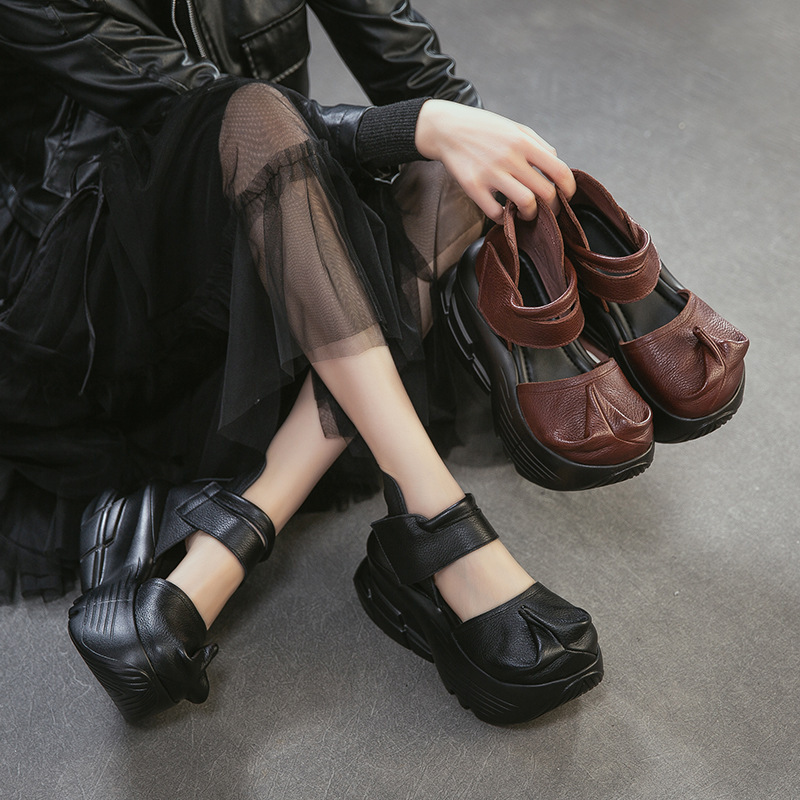 2026 New Model Jiezhou Summer Platform Thick-Soled Closed-Toe Fashion Sandals Made of Top-Layer Cowhide Versatile Artistic Style Women's Shoes