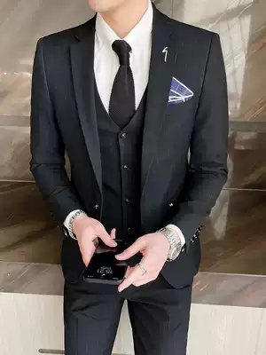 Bridegroom suit suit men's three-piece wedding dress casual dress handsome small suit Korean version of self-cultivation British