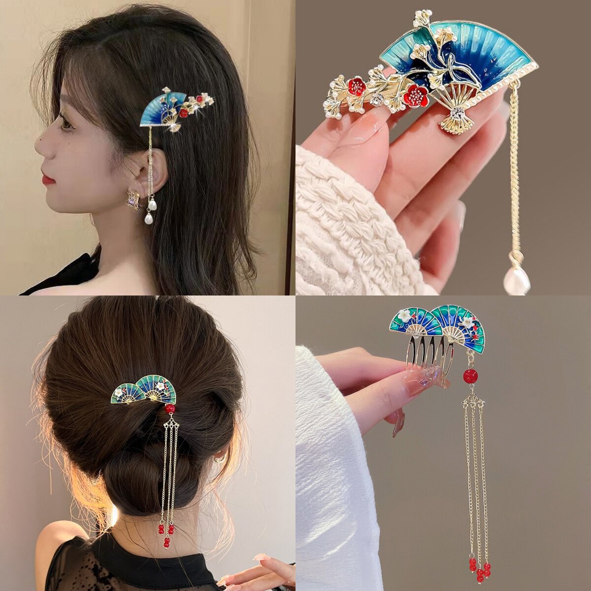 New Chinese style antique fan-shaped hairpin with tassels, inverted clip, national style hair ornament, Hanfu hair comb, women's hair clip, hair ornament.