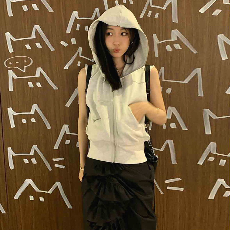 Summer New Design Niche Gray Hooded Vest Top Zipper Cardigan Sleeveless Hooded Top