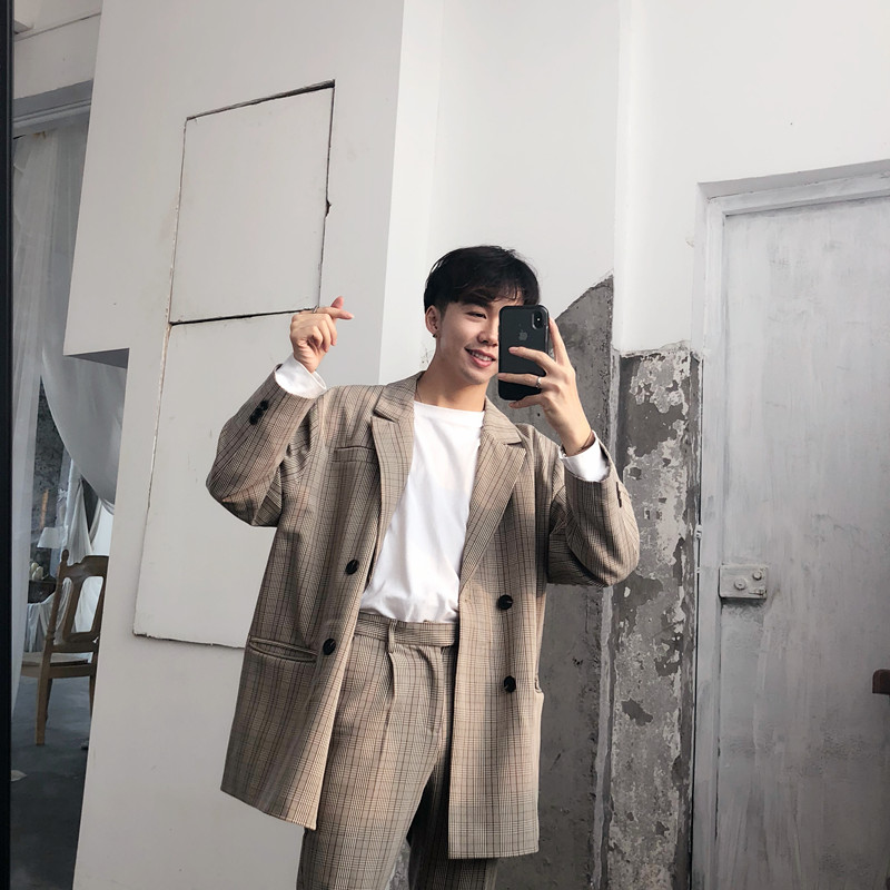 SC18ss mùa thu đông Hàn Quốc Dongdaemun áo hai dây lỏng lẻo kẻ sọc thẳng chín quần phù hợp với bộ đồ đồ vest nam