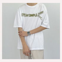 SC 22 Summer Fuzzy Printed Black 50% Sleeves Loose Tide 100 lap t-shirt Yuppie Handsome Casual Blouse Short Sleeve Man