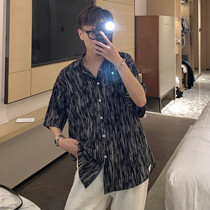 SC 21 summer printed strip short-sleeved shirt mens port wind ins Korean version of the trend loose and wild high-grade hanging flower shirt