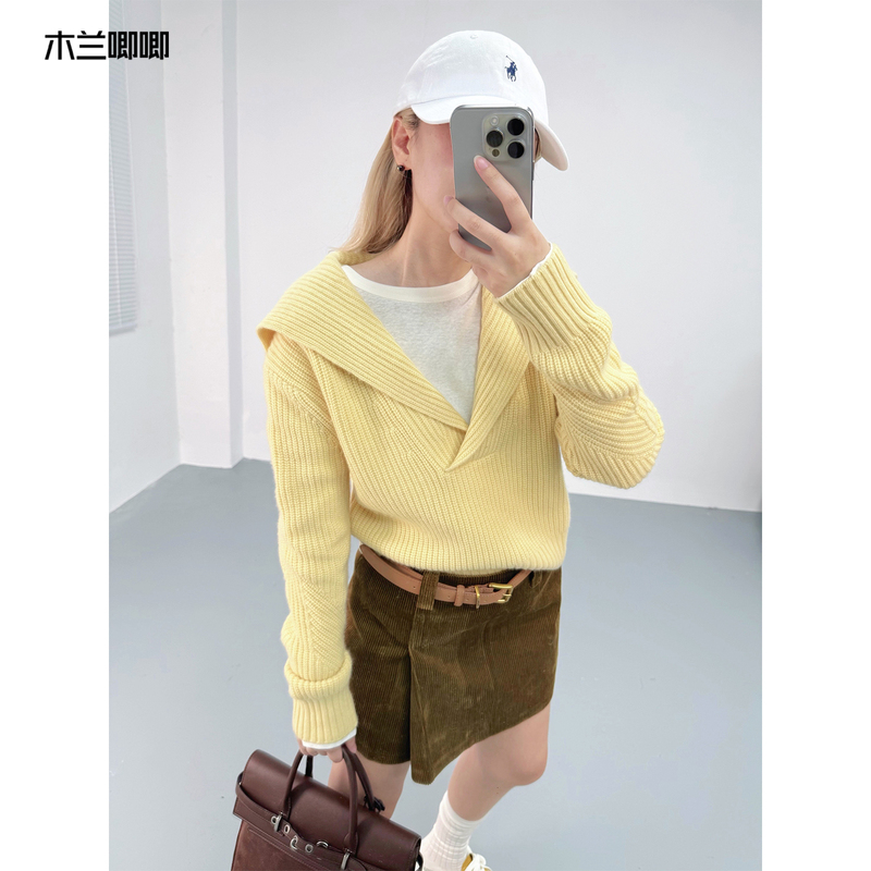 Gray Intellectual Style Large Lapel 100% Pure Wool Solid Color Sweater Navy Collar Knit Top for Women