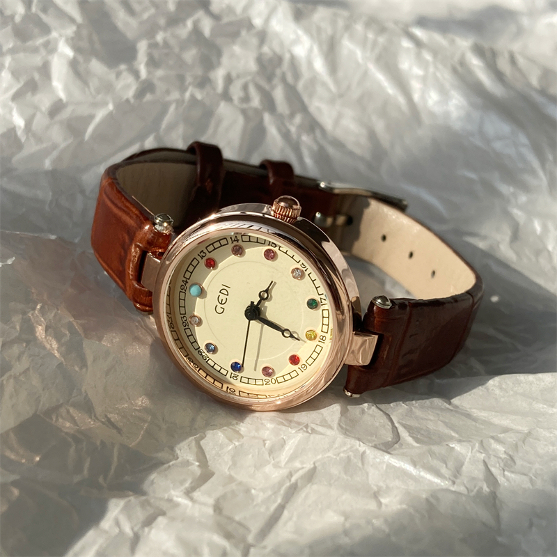 Subtime Colorful Birthstone Watch for Women, Niche Light Luxury Retro High-End Leather Strap Round Dial, Gift for Female Students