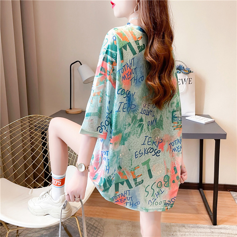 Tender Green Ice Silk Thin Mid-Length Short-Sleeved T-Shirt for Women Summer New Loose and Fashionable Age-Reducing Shiny Top