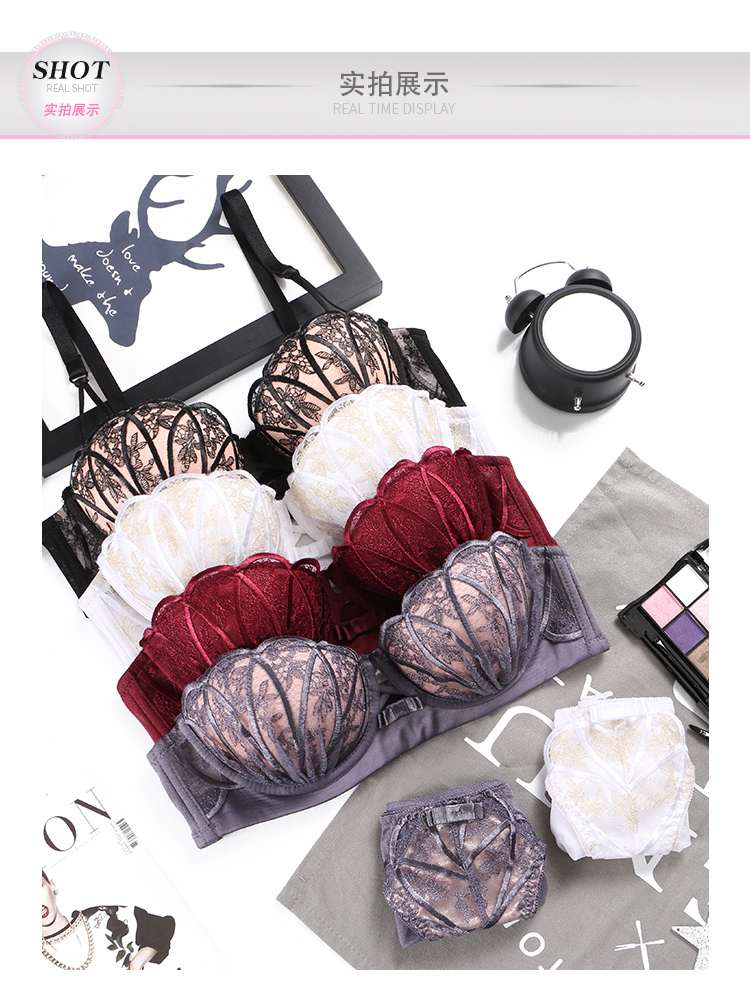 Missess sexy shell bra set thêu ren bên đồ lót nữ nửa phần dày tập hợp áo ngực nhỏ ngực áo cúp ngực