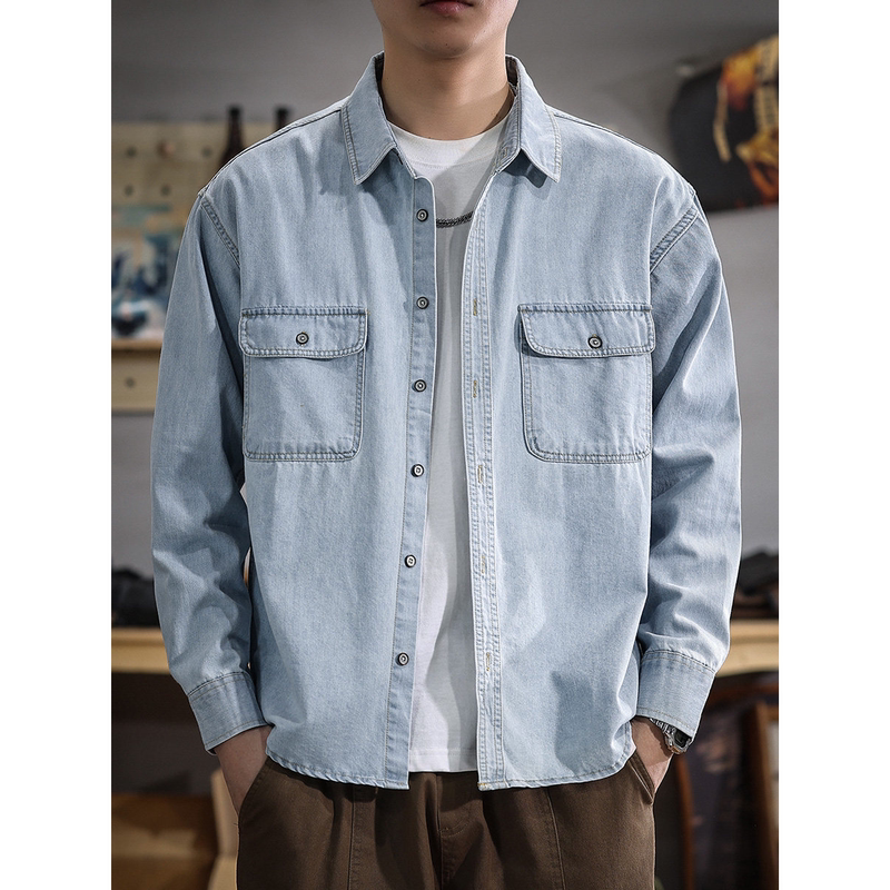 2026 New Spring Pure Cotton Casual Denim Shirt Men's American Retro Design Workwear Long-Sleeved Shirt Jacket